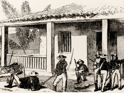 Filibusteros descansando en un edificio de San José, Costa Rica. Ilustración de Harper's Weekly