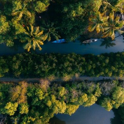Aerial view of boating retreats for tourists in Kerala, India; Kerela combines cultural and heritage indulgence with well-preserved tea and coffee estates