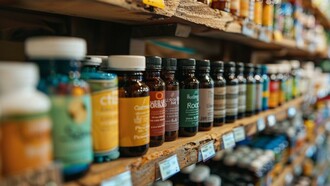Health and wellness supplements arranged on display shelves