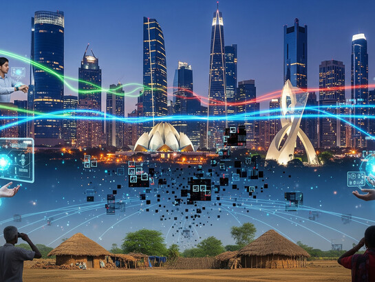 Digital illustration showing the flow of algorithmic bias widening the digital gap