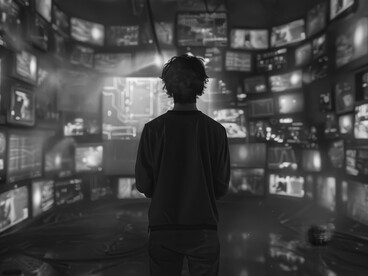 A lone figure immersed in a sea of screens, their outline softly glowing in the digital haze