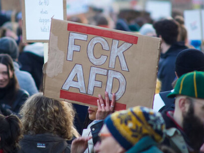 Protesters in Marburg, Germany, raise signs and placards in opposition to the AfD