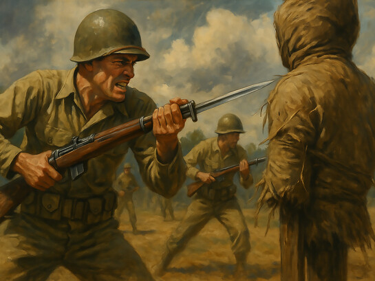 A lone soldier stands in the misty dawn, holding his helmet in quiet reflection — a haunting reminder of war’s psychological burden and humanity’s enduring reluctance to kill