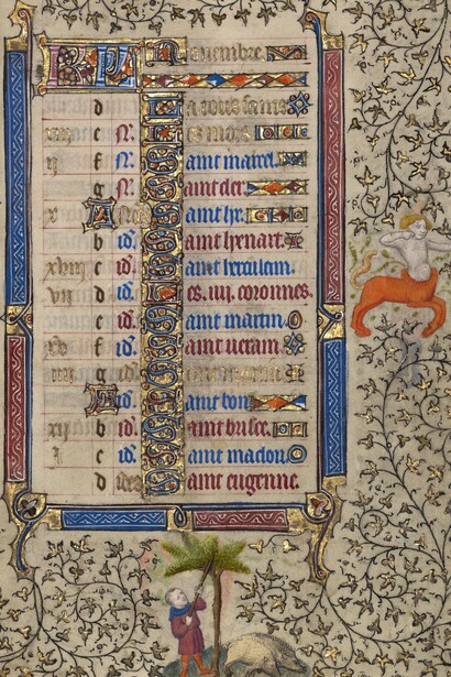 "Pagina del calendario di novembre; Raccogliere ghiande per i maiali; Sagittario". Seguace del Maestro Egerton (francese, olandese, attivo dal 1405 al 1420 circa). Dal "Libro delle Ore", conservato al Getty Museum, Los Angeles, USA