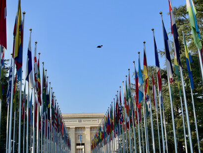 Entretanto, tienes la impresión de presenciar una partida de póker *mentiroso*. Escuchar el discurso, en fin, la cháchara de Donald que no logra hilvanar una frase, y luego el derrame de loas a su gloria entonadas por Hegseth, trajo a mi memoria ese proverbio francés que dice: "mercancía demasiado alabada... a menudo está estropeada"... Edificio de la ONU en Ginebra, Suiza