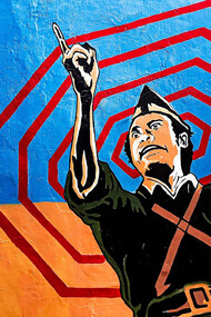 An illustration of a man wearing a black shirt, symbolizing political persecution under an authoritarian regime, inspired by figures like Bung Tomo and Soetomo in Surabaya, East Java, Indonesia