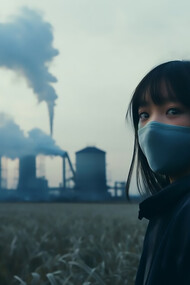 Woman wearing face mask against co2 pollution, it is known that such pollution is carcinogenic