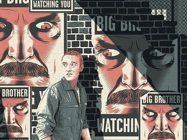 Illustration inspired by 1984 by George Orwell, featuring the phrase “Big Brother is Watching You”