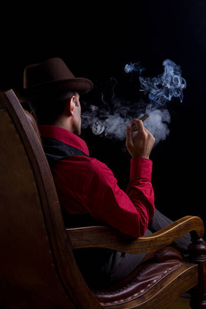Back view of a man sitting in an armchair, smoking a cigar, evoking a mafia-like atmosphere