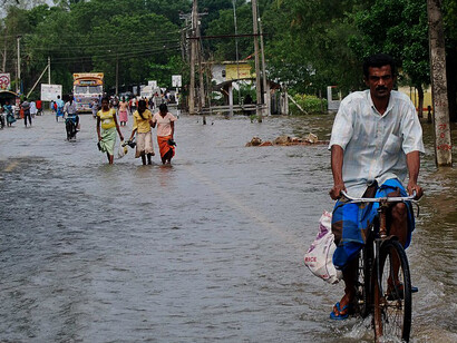Batticaloa flood 2011 in Sri Lanka with flooded streets resulting from heavy rains during a severe disaster