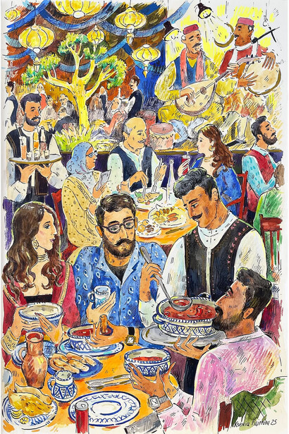 "Iftar" by Ksenia Filippova, 30x20 cm, water colour, coloured pencil, ink on paper, framed, 2025