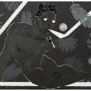 Devan Shimoyama, Adjusting to the Luminous Black, 2015
Oil, glitter, rhinestones, beads, collage on canvas
68 x 48 x 2.25in