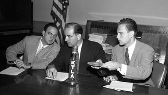 Senator McCarthy (center) confers with Roy Cohn (left) and David Schine (right) in 1953