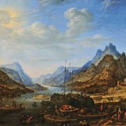 Hermann Saftleven, detto Hermann Sagot Levin, Veduta fluviale con imbarcazioni e pescatori.