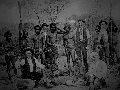 A photograph showing Aboriginal Australians alongside white settlers in the early 1900s, Australia