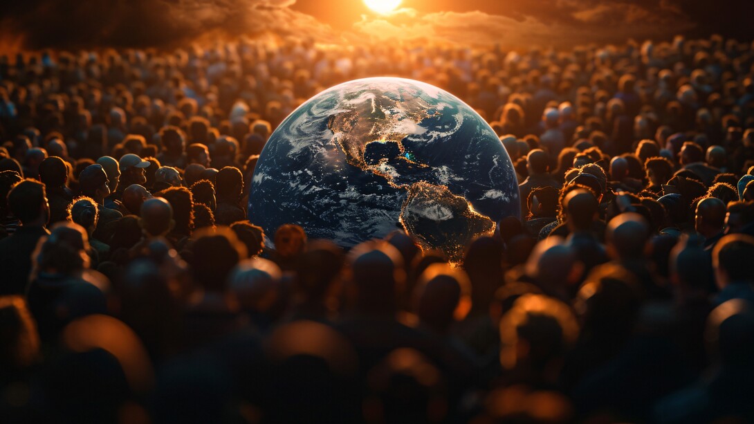 A colourful world that is surrounded by masses not paying attention to it, showing the fractured reality of our world, one with chances for increased instability
