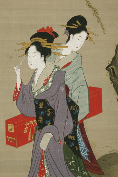 Three types of beauties in Edo, approx. 1798–1829, by Chobunsai Eishi (Japanese, 1756–1829). Set of three hanging scrolls; ink and colors on silk. Courtesy of Asian Art Museum, The Avery Brundage Collection, B60D80.