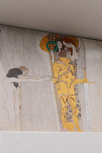 Klimt painted the Beethoven Frieze in 1902 as part of the Fourteenth Vienna Secession exhibition, held to honor the 75th anniversary of Beethoven’s passing