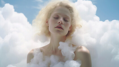 A dreamy scene of a woman floating in the sky, surrounded by soft white clouds