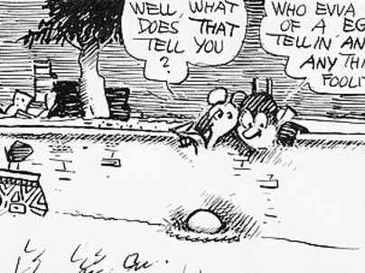Krazy Kat comic strip. Krazy and Ignatz see a bird pass on the other side of a wall, and ponder the bird's sex, 1941