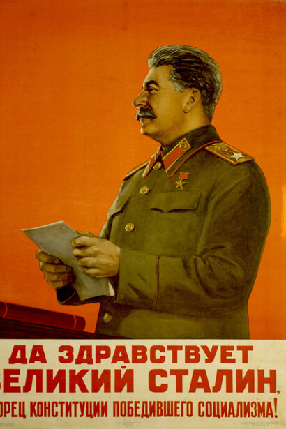 Poster soviético "¡Viva el gran Stalin, creador de la constitución del socialismo triunfante!" (1950)