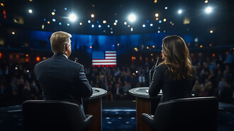 An AI-generated image depicts a TV duel between Donald Trump and Kamala Harris on stage