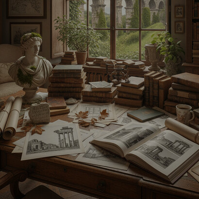 A quiet study where books, sketches, and ancient ruins meet—an intimate space where history lingers just beyond the window