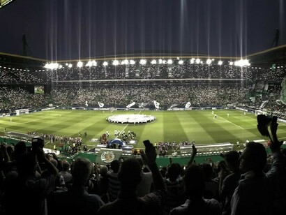 Thousands of football fans fill the stadium, their eyes fixed on the match