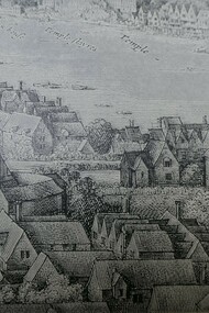 El antiguo Globe Theatre. Dibujo creado en 1642 por Wenceslao Hollar para su "Gran vista de Londres". Imagen publicada en RB Morgan, 1923. Cambridge University Press, Londres, Inglaterra (En el dibujo el edificio perteneciente a "The Globe",  por error está etiquetado como "beere baiting")