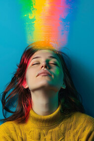 A portrait of a person surrounded by rainbow colors symbolizes synesthesia, blending abstract perception, colorful visualizations, sensory overlap, and intricate neural connections