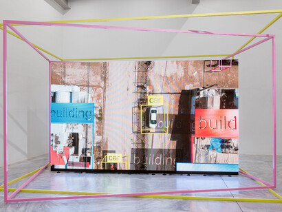 Hito Steyerl, Humanity had the bullet go in through one ear and out through the other, exhibition view. Courtesy of MAK