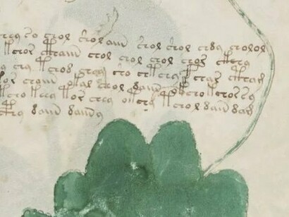 Página do Manuscrito de Voynich. O manuscrito está escrito em um sistema de escrita desconhecido, apelidado de "voynichês"

