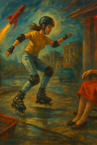 A surreal, dreamlike oil painting captures the fusion of modern disconnection and poetic imagination