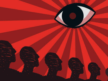 An eye watching over a stylized crowd, symbolizing control in a totalitarian state—unity of citizens, dependence on authority, and pressure on the masses