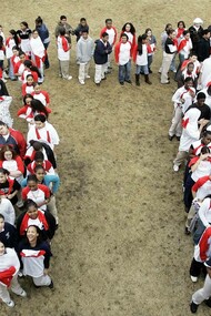 Math students at Maurice J. Tobin School in Boston, Massachusetts, USA celebrate 'Pi Day' in March, forming a human Pi symbol