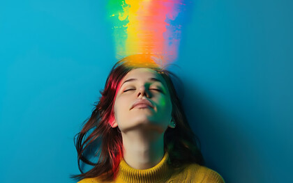 A portrait of a person with vibrant rainbow colors surrounding them, symbolizing the process of letting go of negative thoughts and embracing positivity