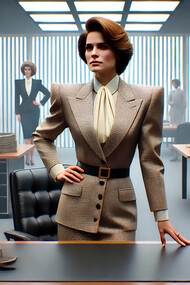 A professional woman stands confidently in a corporate office, her bold attire symbolizing the era's spirit of ambition, authority, and women's empowerment in the workplace