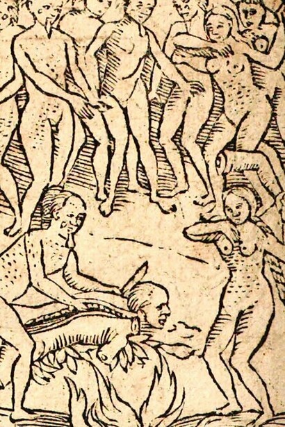 Ilustración del libro de Hans Staden "Verdadera historia y descripción de un país de salvajes desnudos, feroces y caníbales, situado en el Nuevo Mundo, América", 1557 