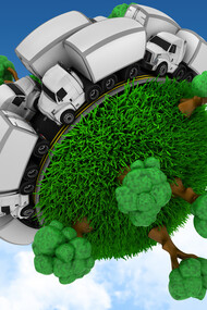 Explore the concept of eco-friendly travel with a 3D grassy globe adorned with trucks and trees, illustrating a sustainable transportation landscape in this visually compelling image