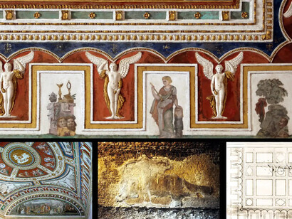 Giovanni da Udine (1487–1564). decoración de la bóveda del llamado Camerino de Apolo, 1537-1540, Palazzo Grimani, Venecia (detalle y, abajo, vista de conjunto); Villa Adriana, Academia, detalle de la decoración y dibujo de anónimo que representa la misma decoración, c. 1570, Windsor, RL, 10440, Architettura Civile, f. 38".  Palacio Grimani en Santa María Formosa (Venecia) - Habitación de Apolo