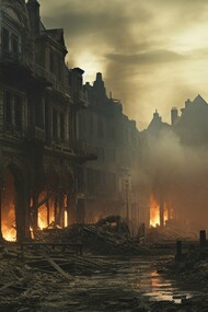 Flames engulf the ruins of a once-thriving city, capturing the brutal aftermath of a world built on domination rather than cooperation