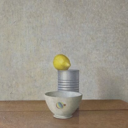 Bernardino Luino, Natura morta con barattolo, tempera all’uovo su tavola, cm 40x40, 1990