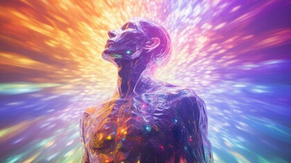 A visualization of the human body as an energetic network — a living matrix where light, vibration, and matter converge
