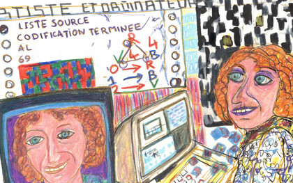 Ilustración de Monique Nahas como modelo para el corto "La oradora sintetizada" de 1989