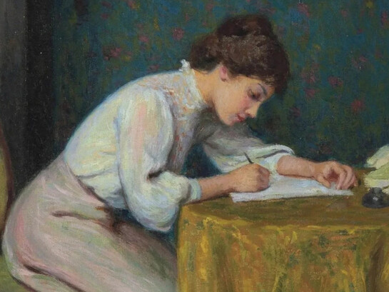 Federico Zandomeneghi, Joven mujer escribiendo una carta (detalle) (1874)