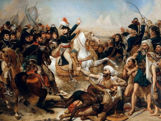 Antoine-Jean Gros (1771-1835). «La batalla de las pirámides»
Pintura militar napoleónica, encargada en 1809 por el Senado imperial para decorar la sala de sus sesiones. Actualmente expuesto en el museo de Versalles, representa el momento ya legendario en el que Bonaparte arenga a sus tropas: «¡Soldados! ¡Desde lo alto de estas pirámides, cuarenta siglos os contemplan!». Gros inscribe al general en la concepción clásica del héroe victorioso en un lienzo cuya apariencia superior se ve acentuada por el entorno de militares difuminados. 1810, óleo sobre lienzo. Palacio de Versalles, Francia  