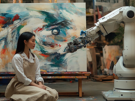 In a striking fusion of art and technology, a sleek white robotic arm paints a large abstract portrait of a woman’s face, working alongside the human artist