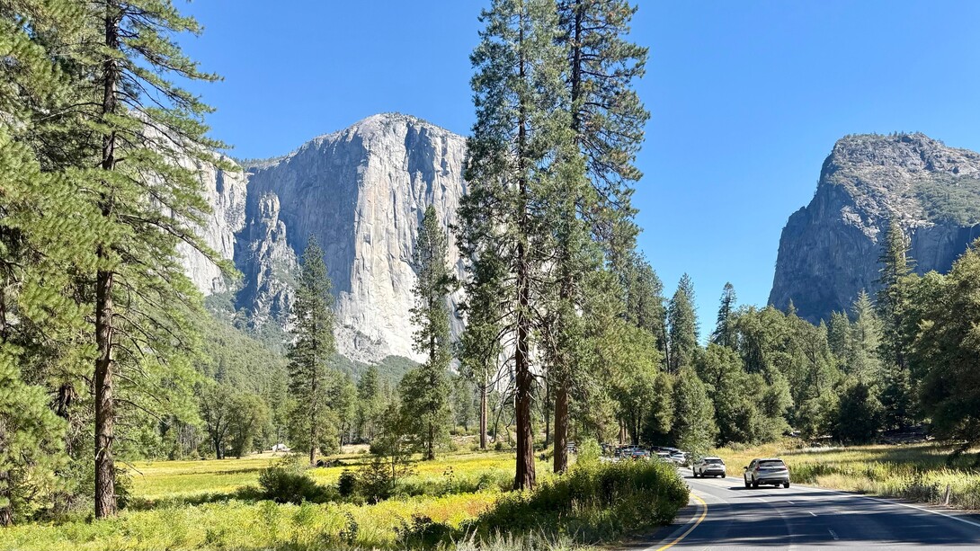 Driving along Highway 395 through Yosemite National Park, California, United States
