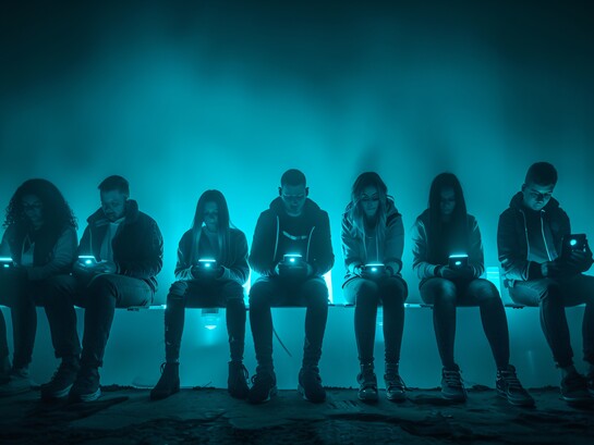 People absorbed in their smartphones, scrolling through their screens