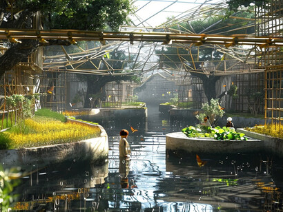 Un canale d'acqua serpeggia attraverso un paesaggio architettonico futuristico, con passerelle e strutture reticolari in legno che integrano la vegetazione lussureggiante. Immagine generata con midjourney